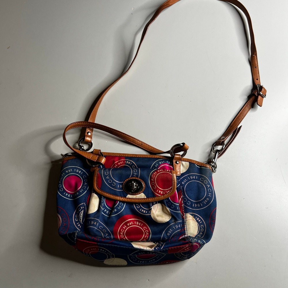 Coach Poppy Navy Blue Red Logo Print Satin Crossbody Bag F14730